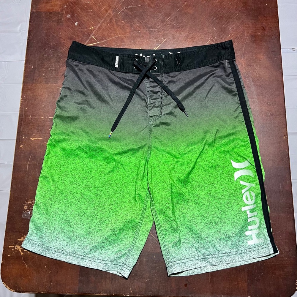 Hurley Mens Ombre Board Shorts Black Lime Green Heathered Swim Trunks Logo Sz 34